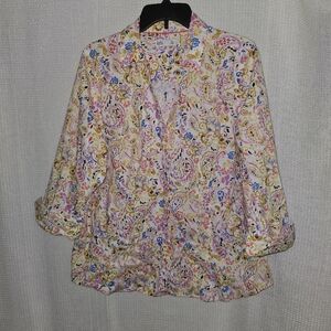 Croft & Barrow Multicolor Paisley Blouse 3/4 Sleeve Folded Cuff Sz XXL Button-Up
